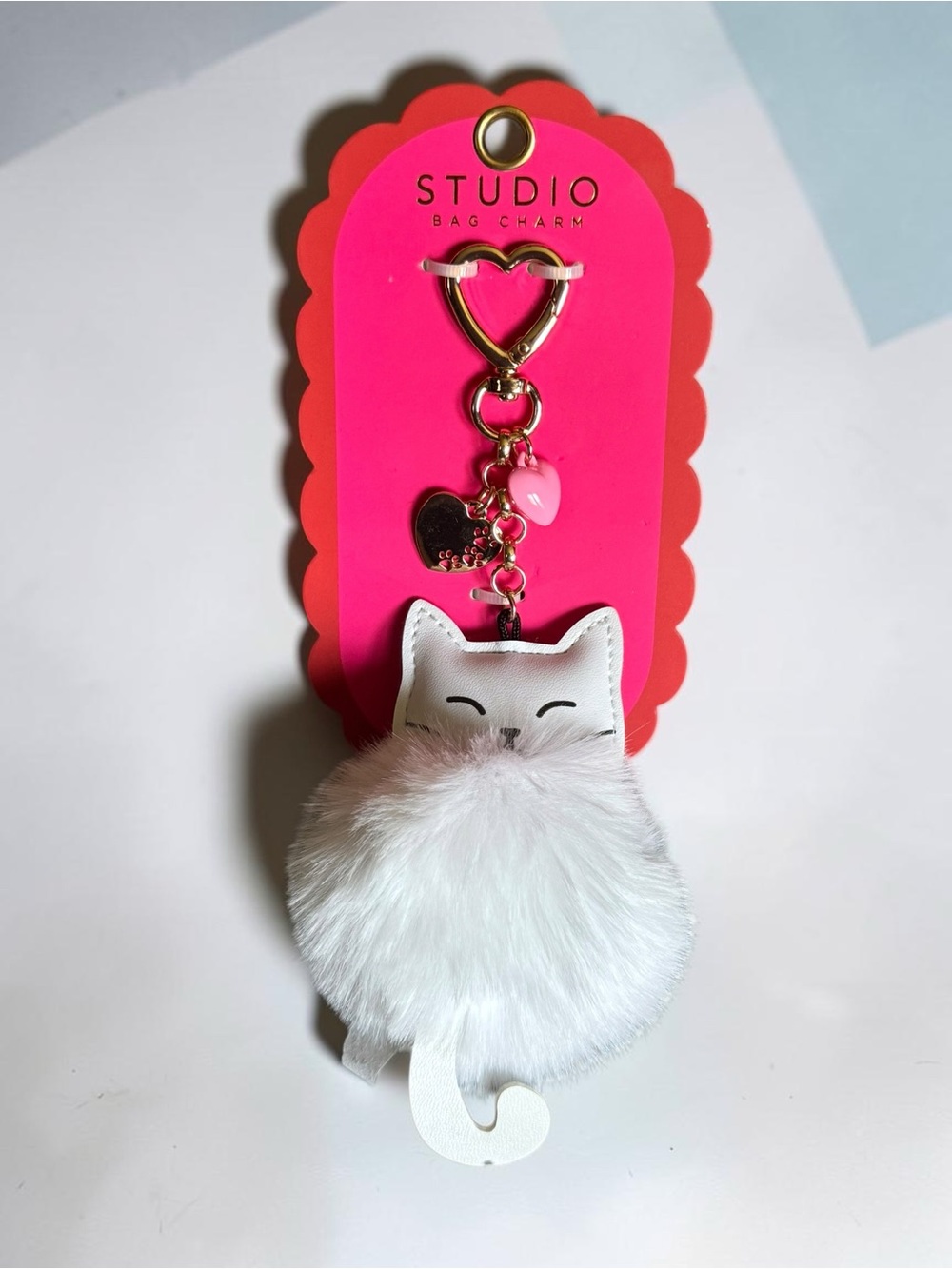 STUDIO White Cat Pom-Pom Bag Charm with Pink Heart Accent